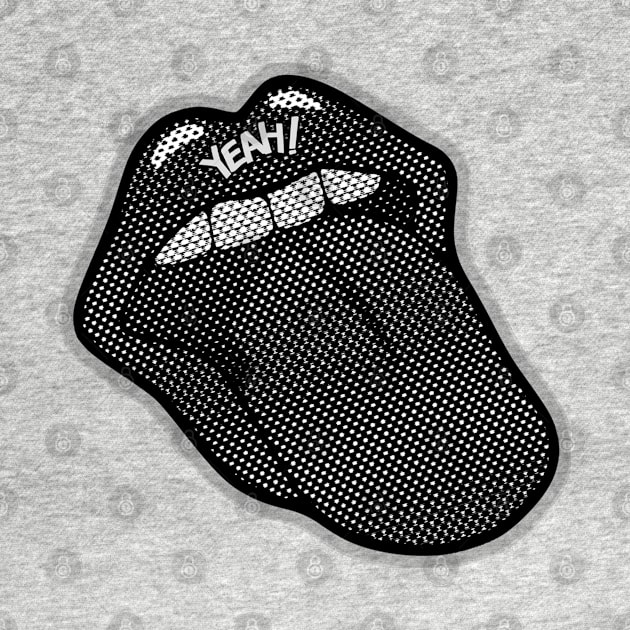 Rock tongue customized with black and white dots and the word, Yeah! Psychedelic iconic mouth sticking out its tongue in black and white. by Rebeldía Pura